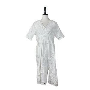 White Eyelet Lace Midi Dress Hight Waist V-neck Short Sleeves Women’s Size Large